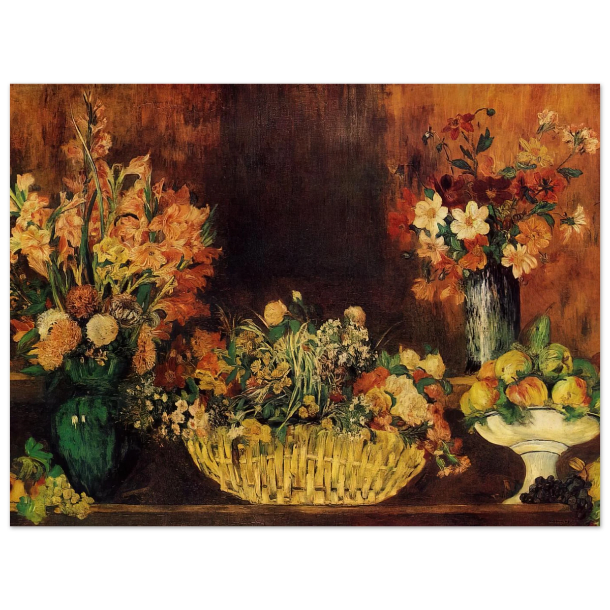 Vase, Basket Of Flowers And Fruit by Pierre-Auguste Renoir – art poster