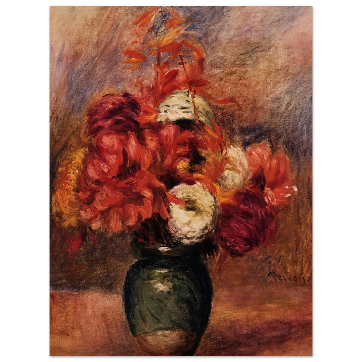 Flowers In A Green Vase Dahlilas And Asters by Pierre-Auguste Renoir – art poster