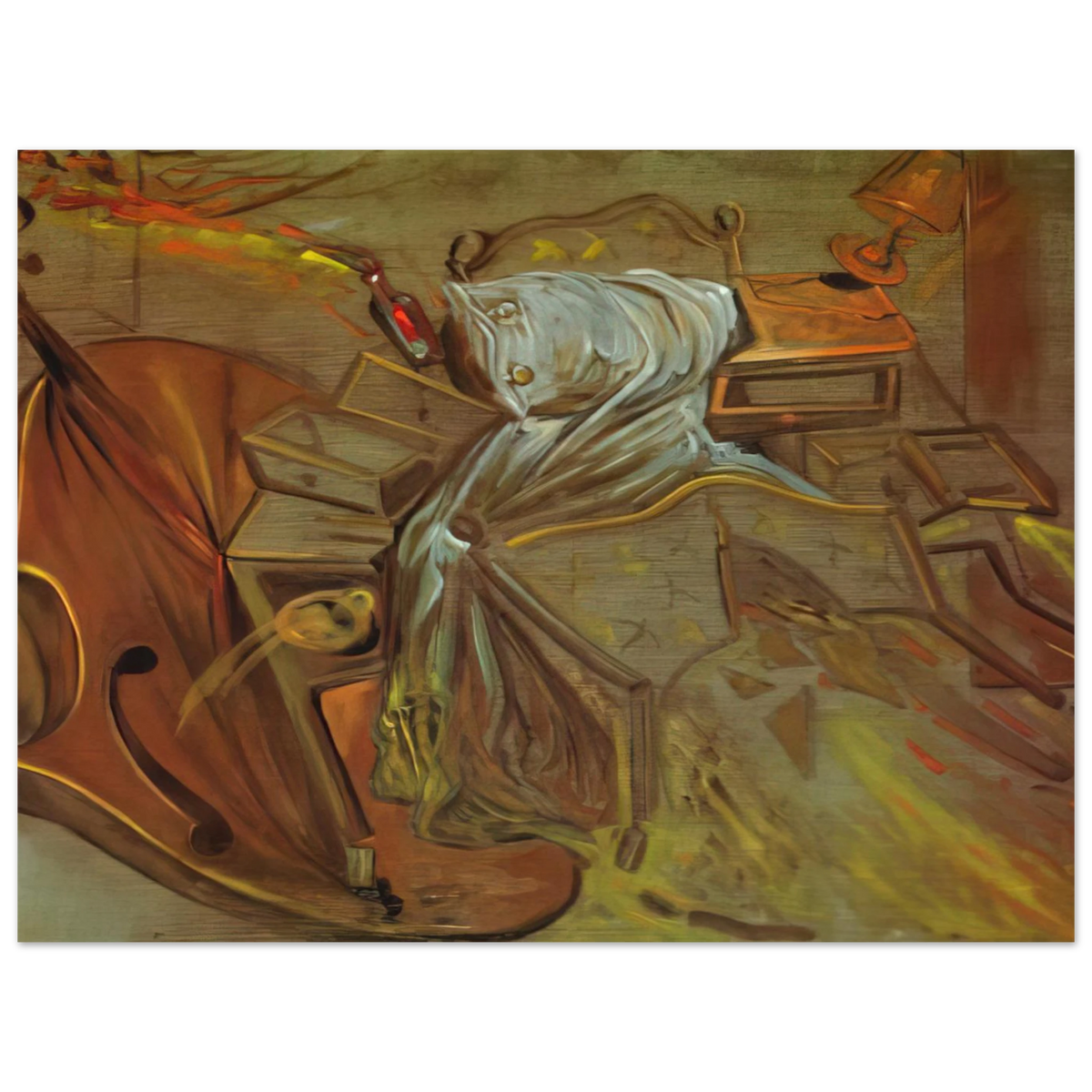Bed And Two Bedside Tables Ferociously Attacking A Cello by Salvador Dali – art poster