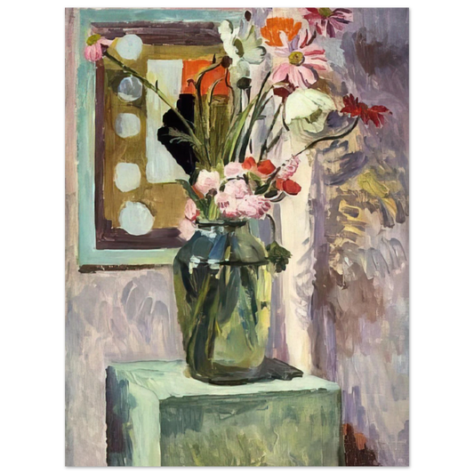 Flowers In A Glass Vase With Abstract Needlework Design by Vanessa Bell – art poster, view 2