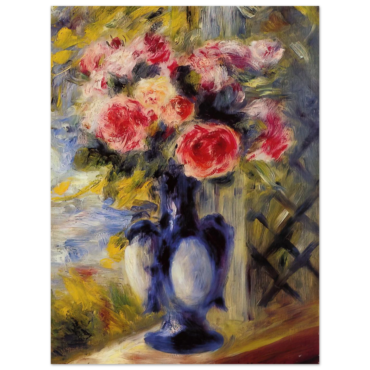 Bouquet Of Roses In A Blue Vase by Pierre-Auguste Renoir – art poster