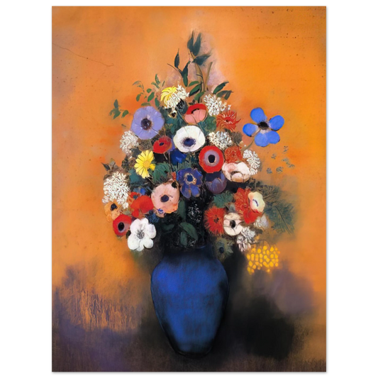 Minosas Anemonies And Leaves In A Blue Vase by Odilon Redon – art poster
