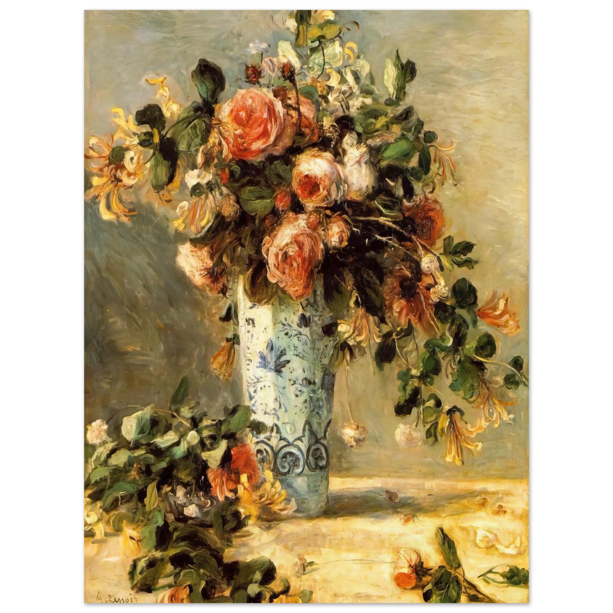 Roses And Jasmine In A Delft Vase by Pierre-Auguste Renoir – art poster
